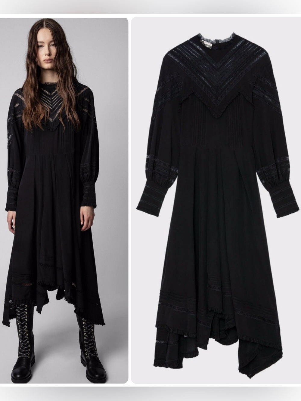 Zadig & Voltaire Rozyl SILK Black Asymmetrical Lace Inserts Midi Dress NWT $1098